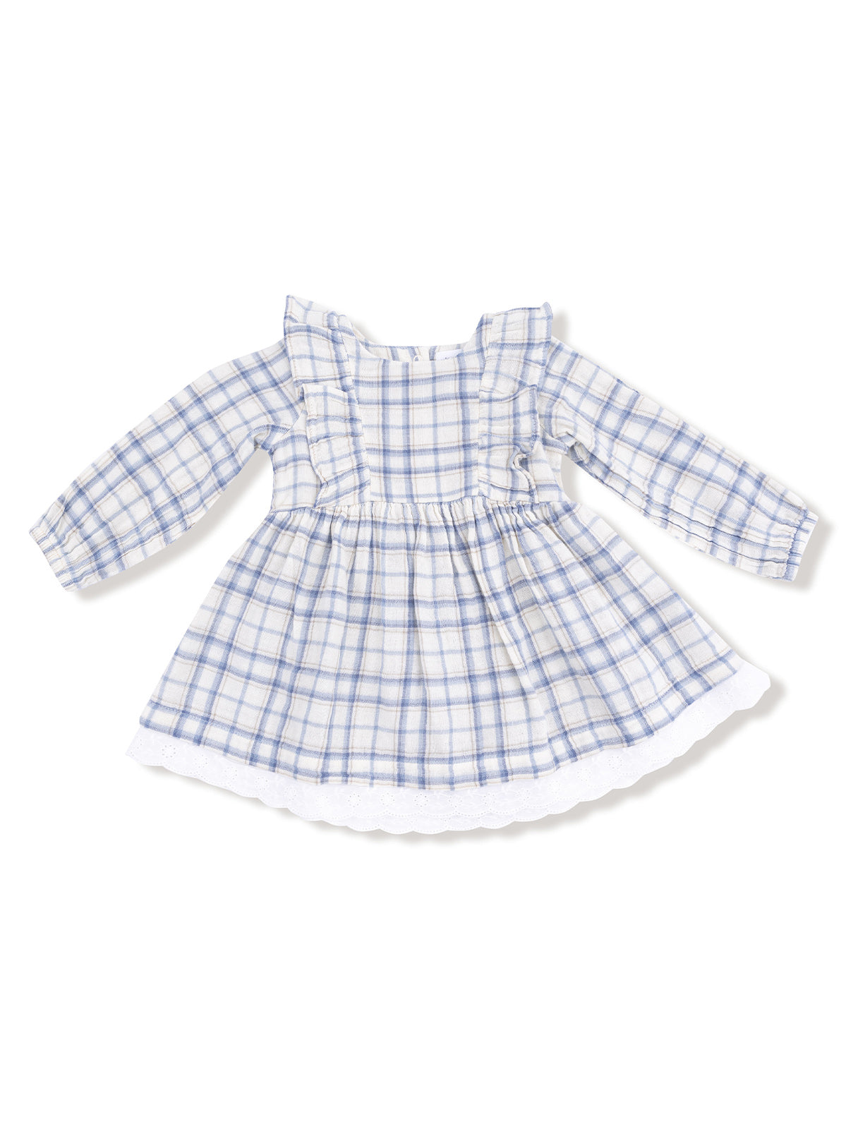 Blue and white plaid dress with ruffles and long sleeves for children.