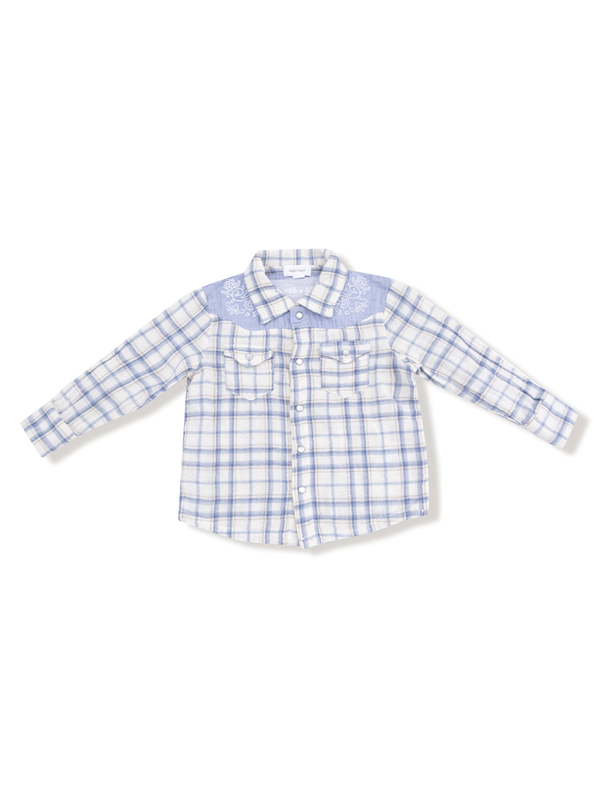 Light blue plaid button-up shirt with long sleeves and chest pockets, featuring embroidered details on the yoke.