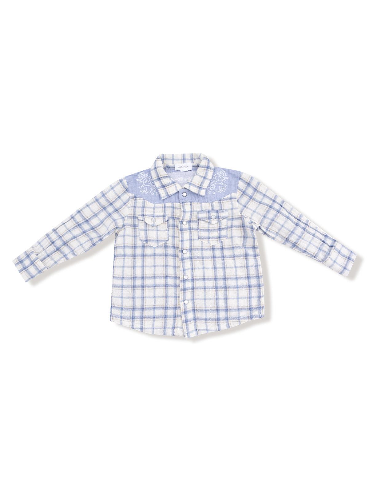 Light blue plaid button-up shirt with long sleeves and chest pockets, featuring embroidered details on the yoke.