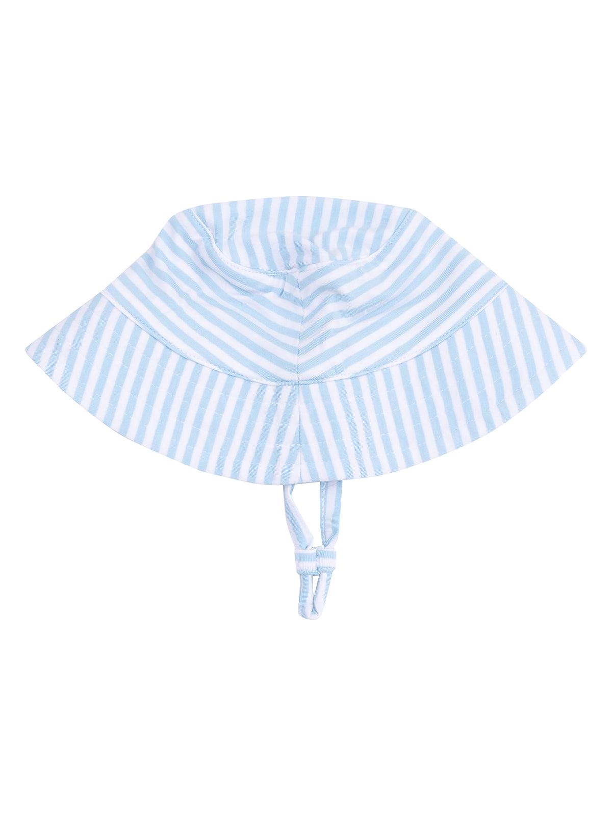 Light blue striped bucket hat with adjustable straps for sun protection.