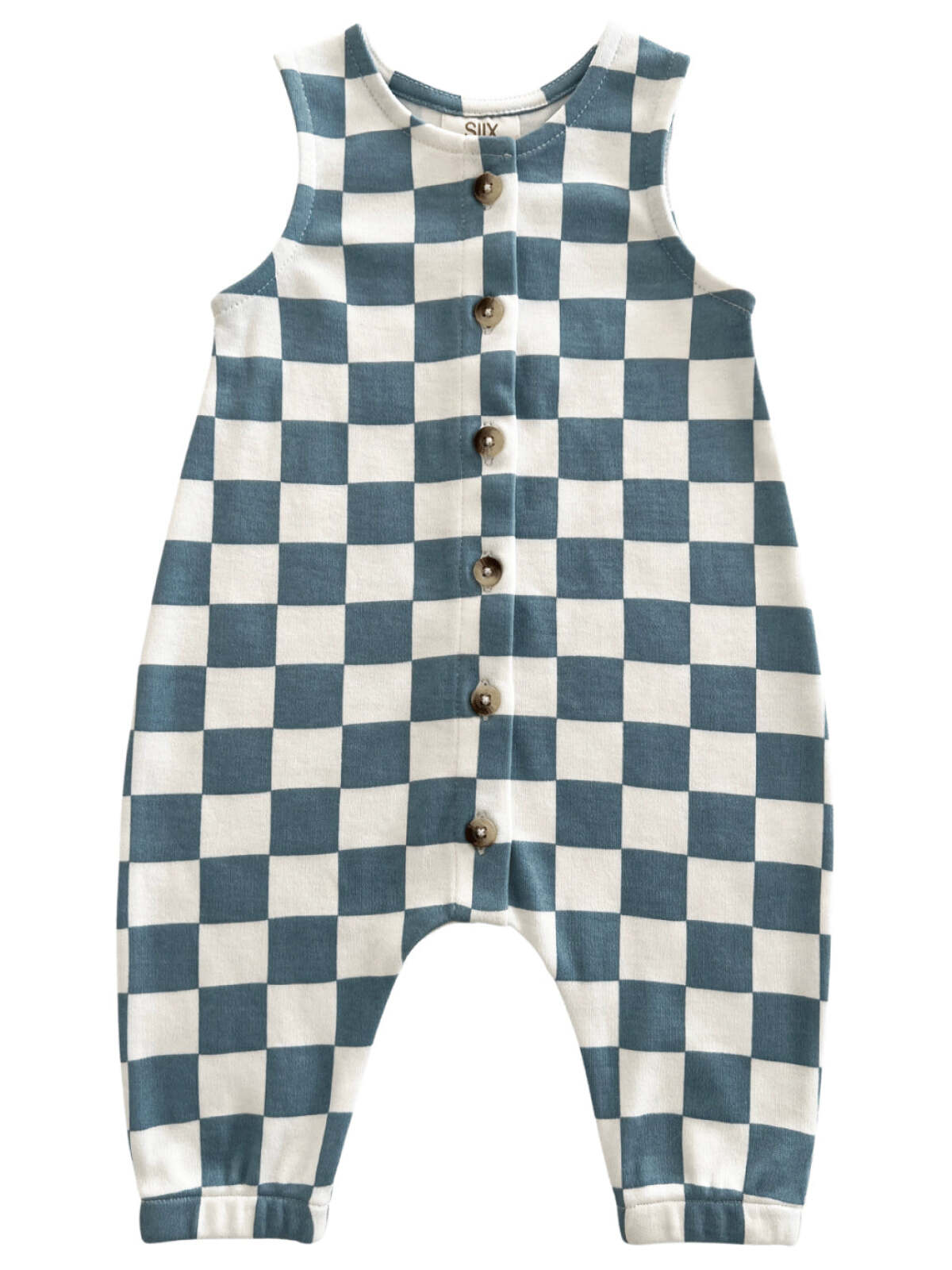 Blue and white checkered baby romper with buttons down the front and sleeveless design.