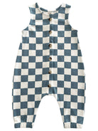 Blue and white checkered baby romper with buttons down the front and sleeveless design.