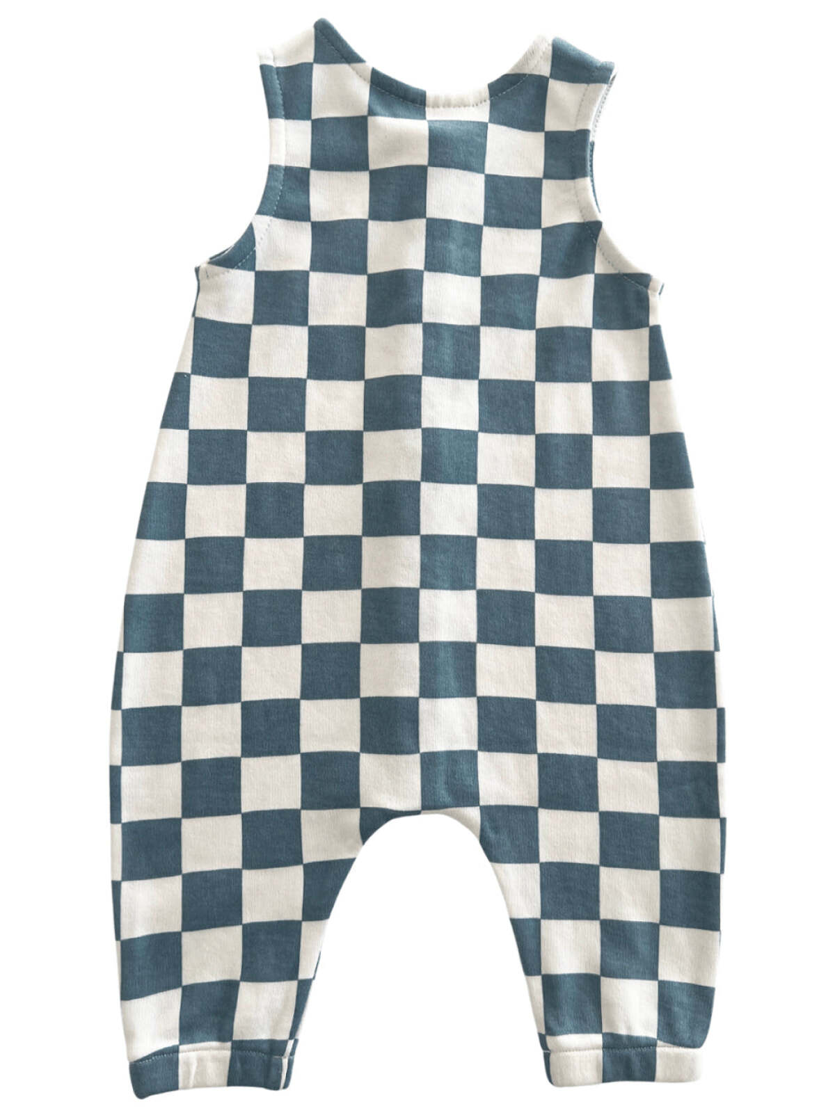 Blue and white checkered baby romper with a sleeveless design and loose-fitting legs.