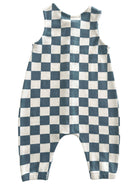 Blue and white checkered baby romper with a sleeveless design and loose-fitting legs.