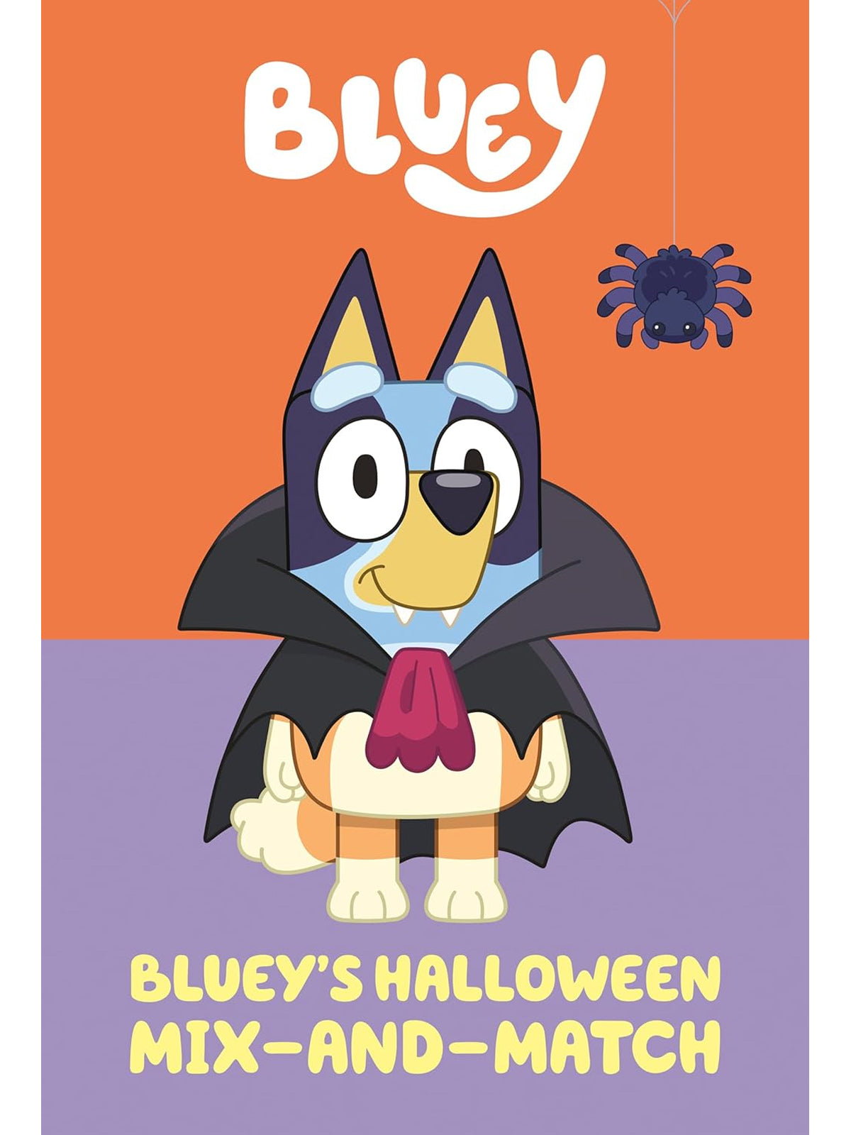 Bluey, a blue heeler puppy, dressed in a vampire costume with a spider hanging above him. Title reads "Bluey's Halloween Mix-and-Match."