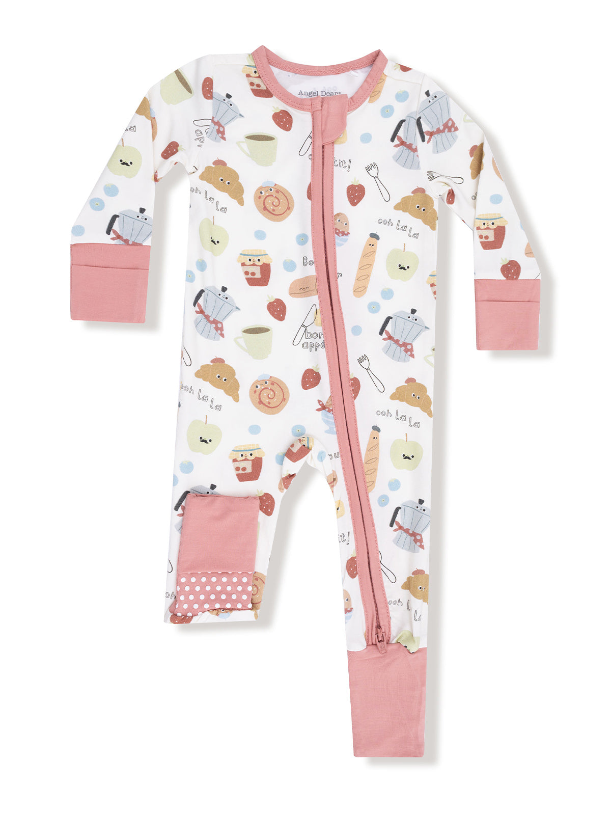 Toddler onesie with fun food patterns, featuring a pink zip front and polka dot accents. Perfect for cozy playtime.