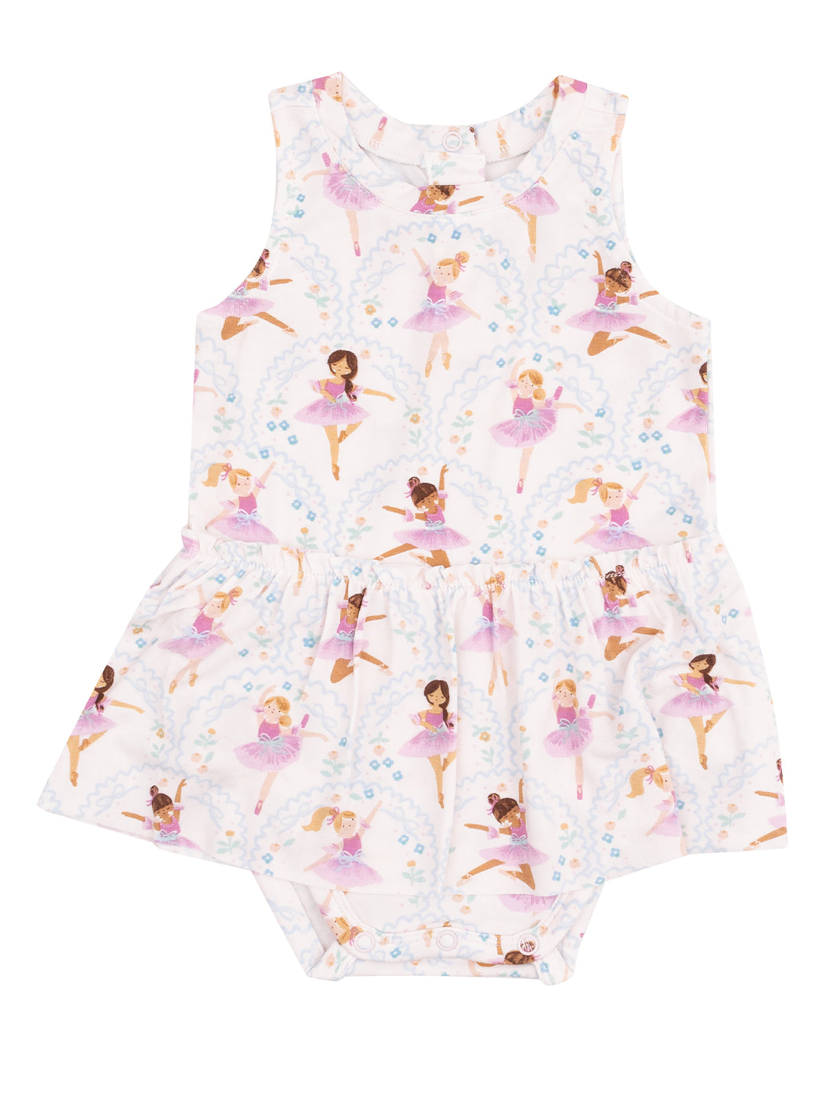 Ballet-themed baby romper featuring diverse girls dancing in pastel colors on a light background.