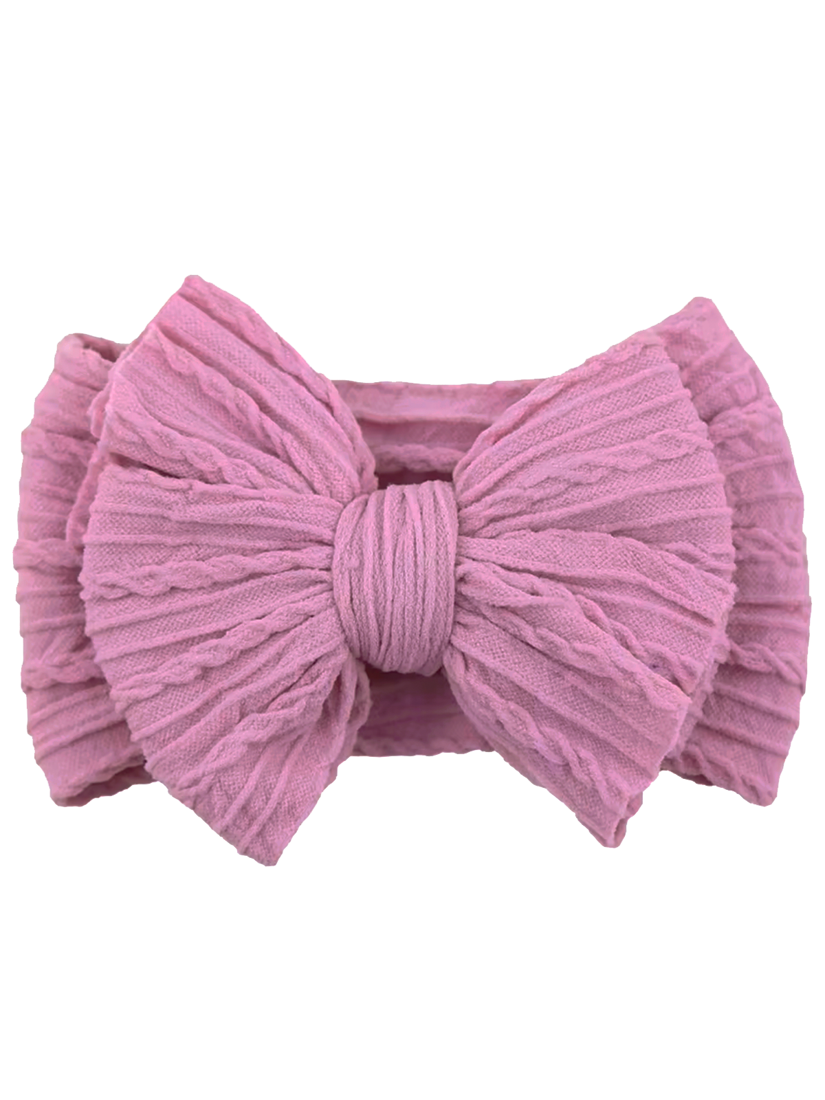 Pink textured bow headband with gathered fabric detail, perfect for children's accessories and styling.