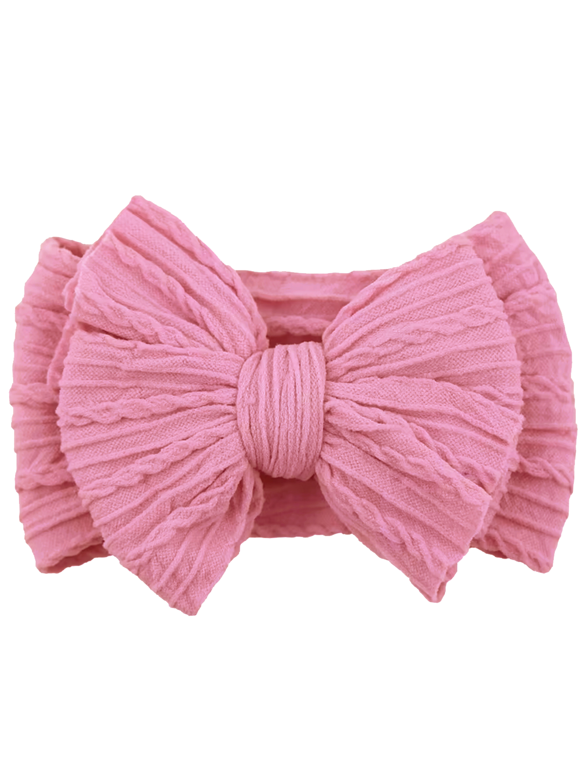 Pink fabric hair bow with textured layers, centered on a soft band, perfect for hair accessories.