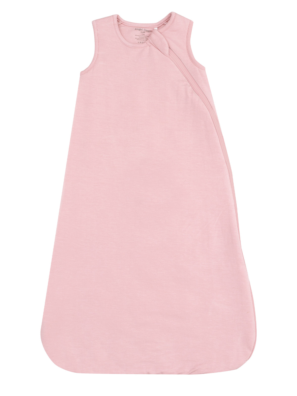 Pink sleeveless infant sleep sack with a rounded bottom and a secure closure at the shoulder.