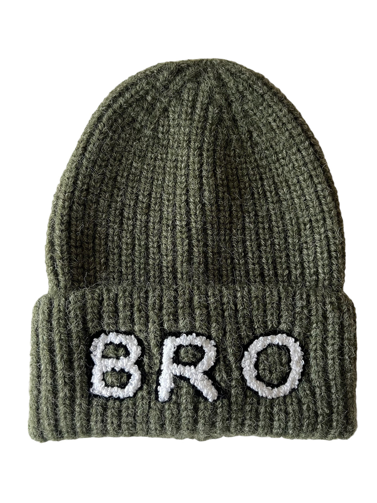 Olive green knit beanie hat with the word "BRO" embroidered in white on the front.
