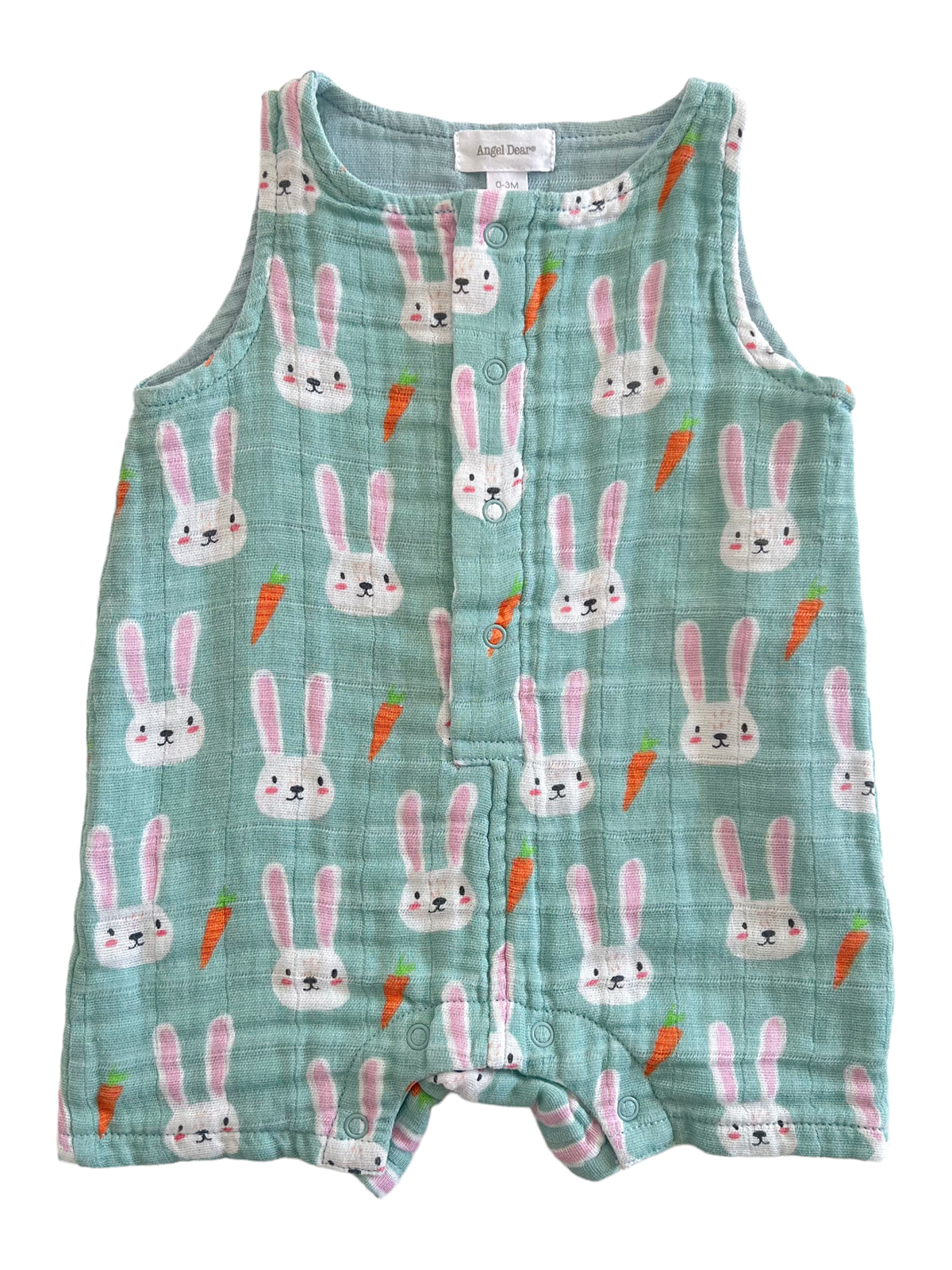 Mint green baby romper with cheerful bunny and carrot pattern, featuring button closures and sleeveless design.