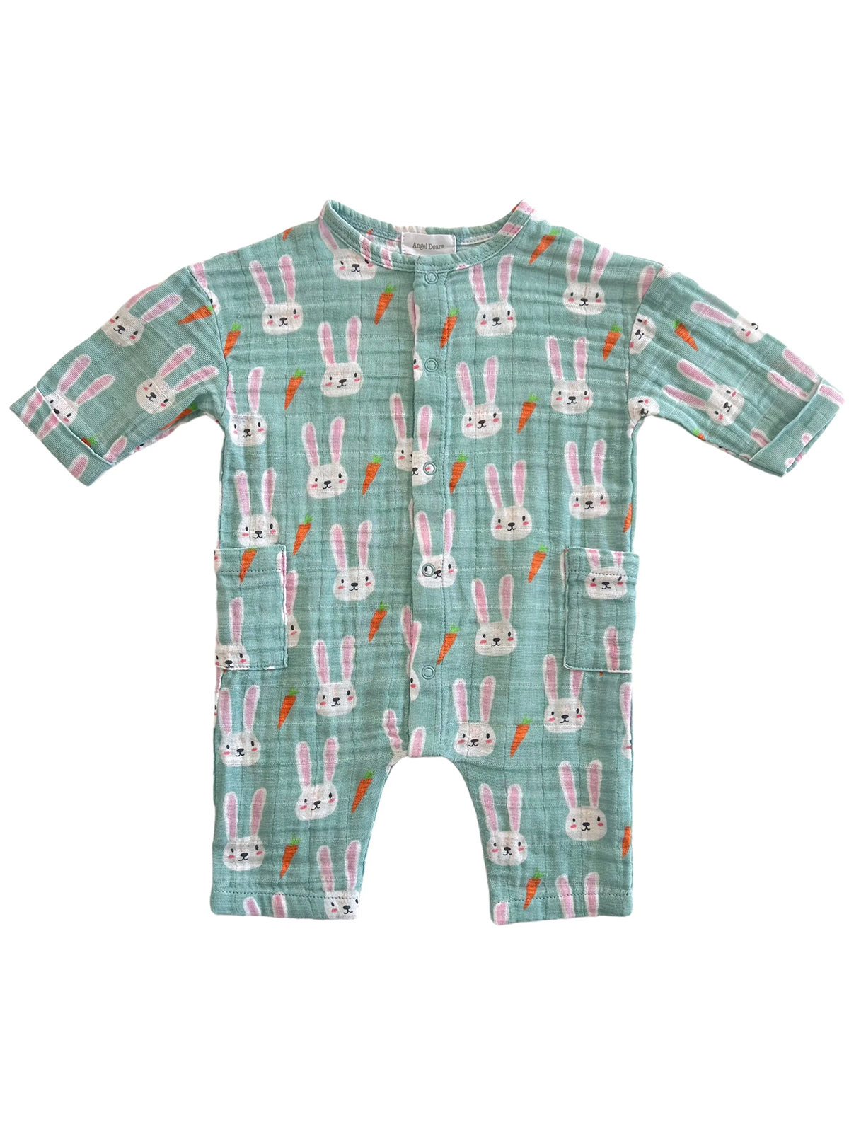 Green baby romper with cute bunny patterns and carrots, perfect for infants.