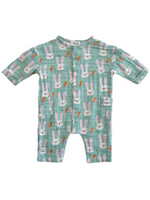Green baby romper with cute bunny patterns and carrots, perfect for infants.