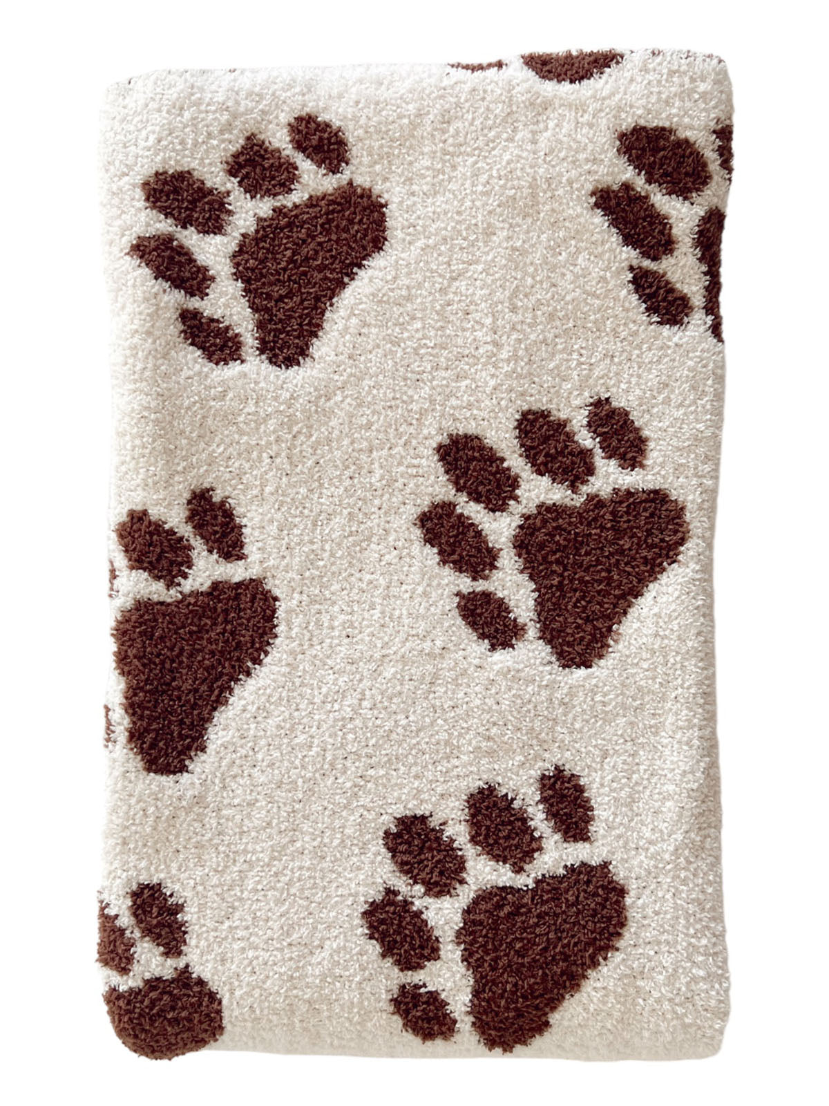 Cream towel with brown paw print patterns, perfect for pet lovers and home decor.