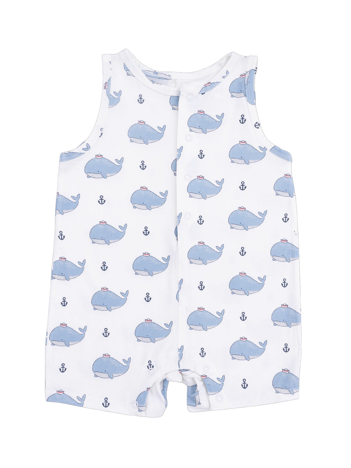 Blue whale-patterned baby romper with anchor designs on a white background. Suitable for warm weather.