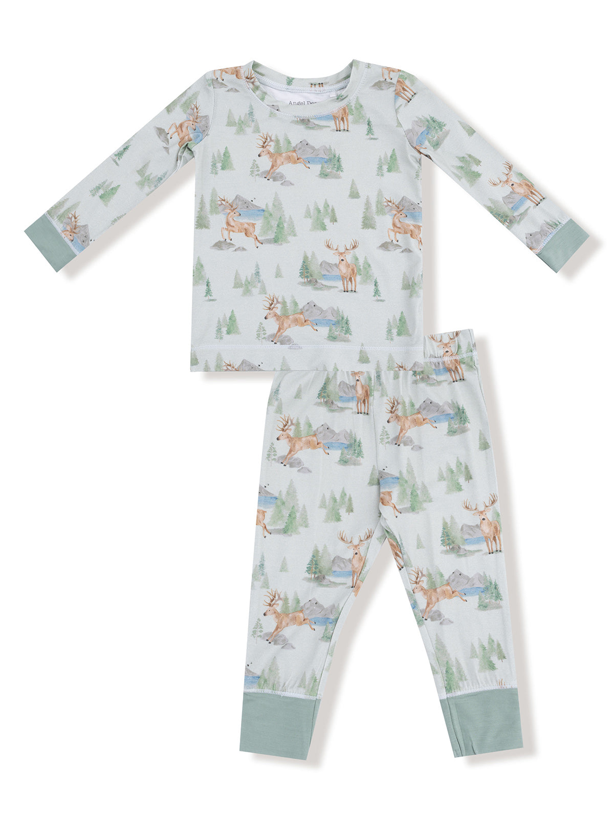 Children's pajama set featuring a nature print with trees, mountains, and deer in soft, breathable fabric.