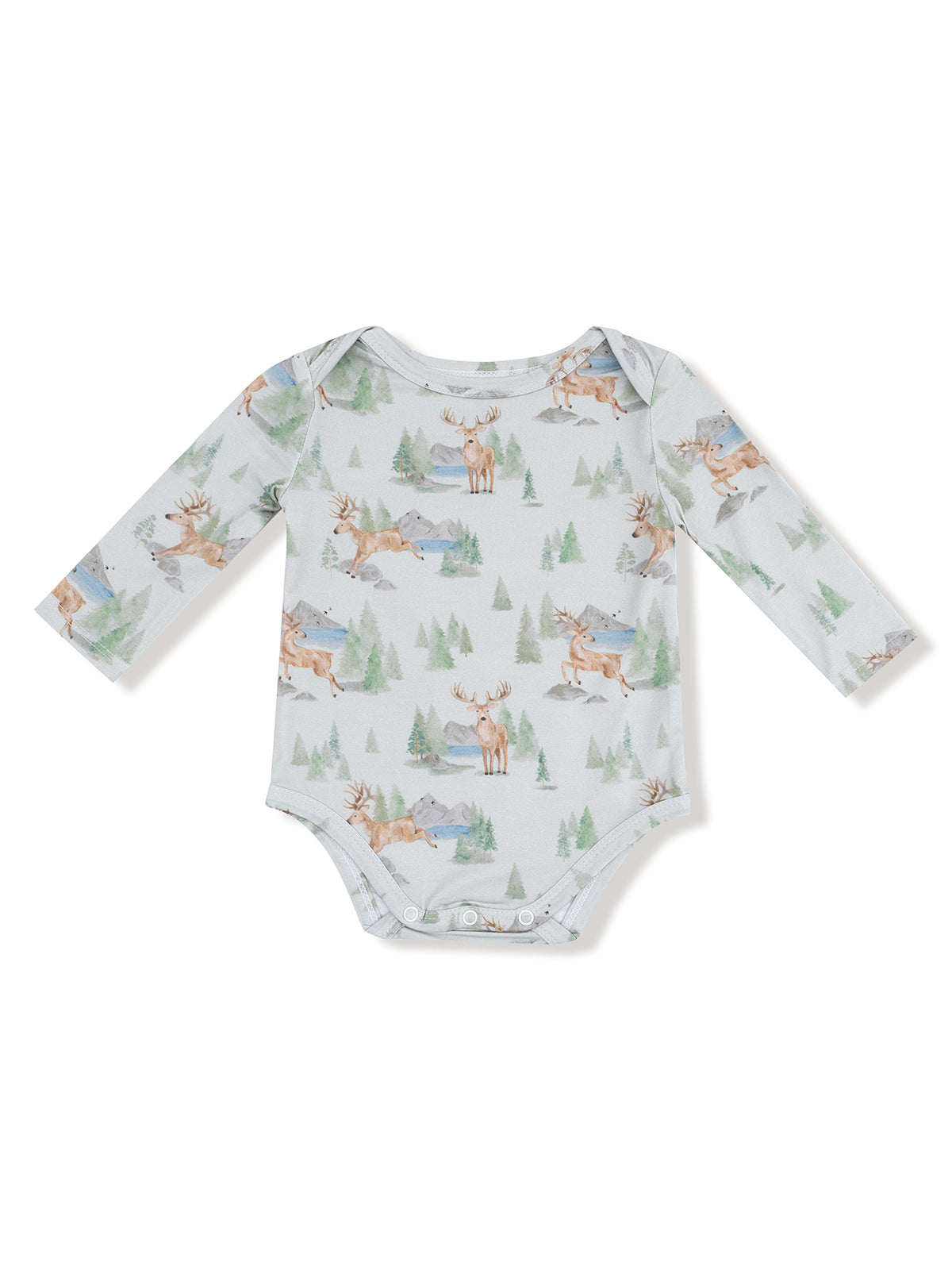 Light gray baby onesie with deer and forest pattern, featuring long sleeves and snap closures at the bottom.