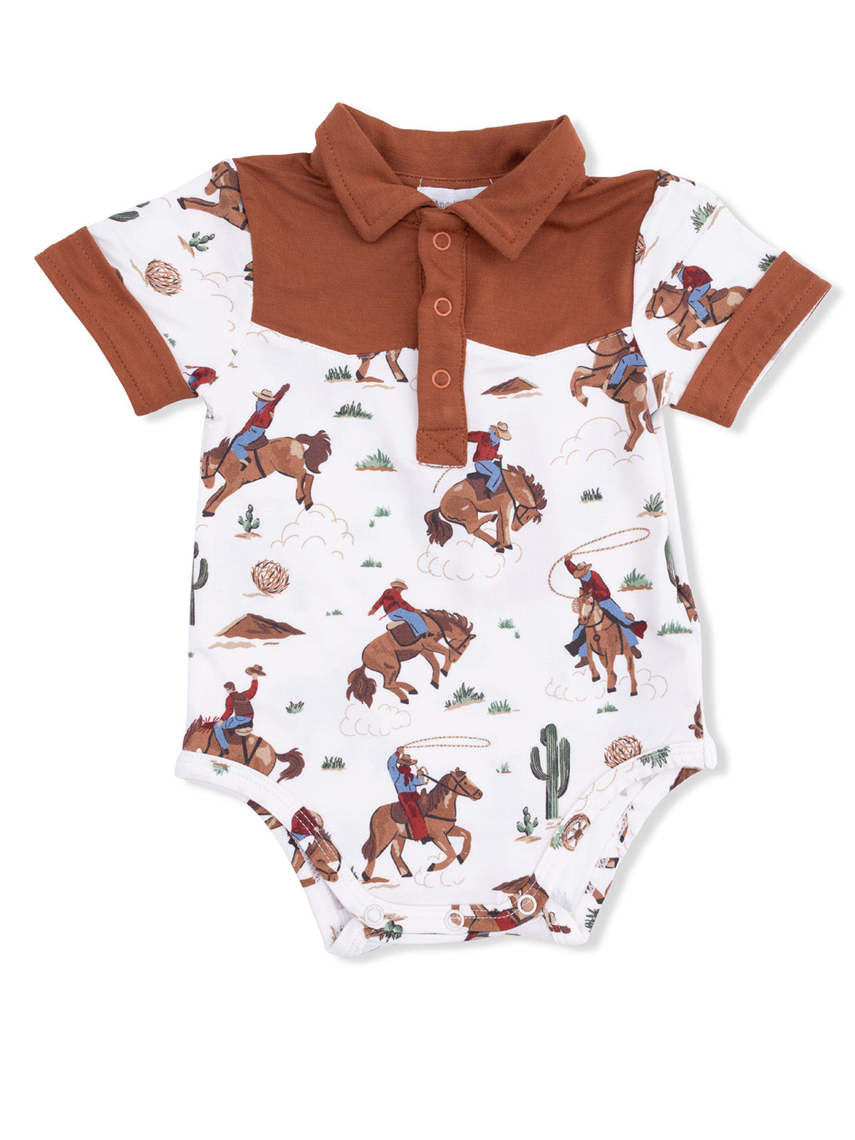 Brown and white baby onesie with cowboy and horse prints. Features a collared design and short sleeves.