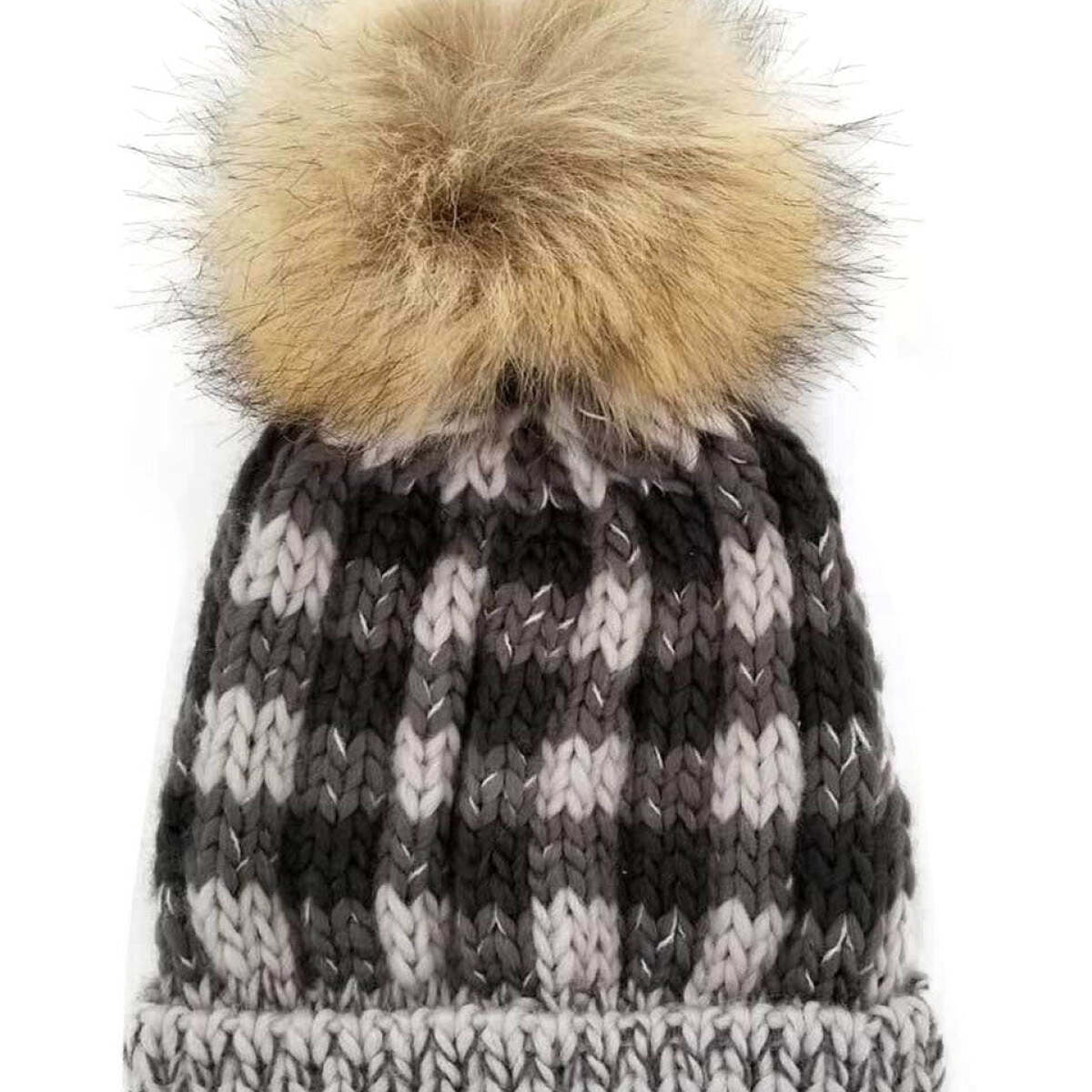Hat attack grey genuine fur pom beanie hat one size Black beanie hat with blue and grey stripes and detachable  main image 2
