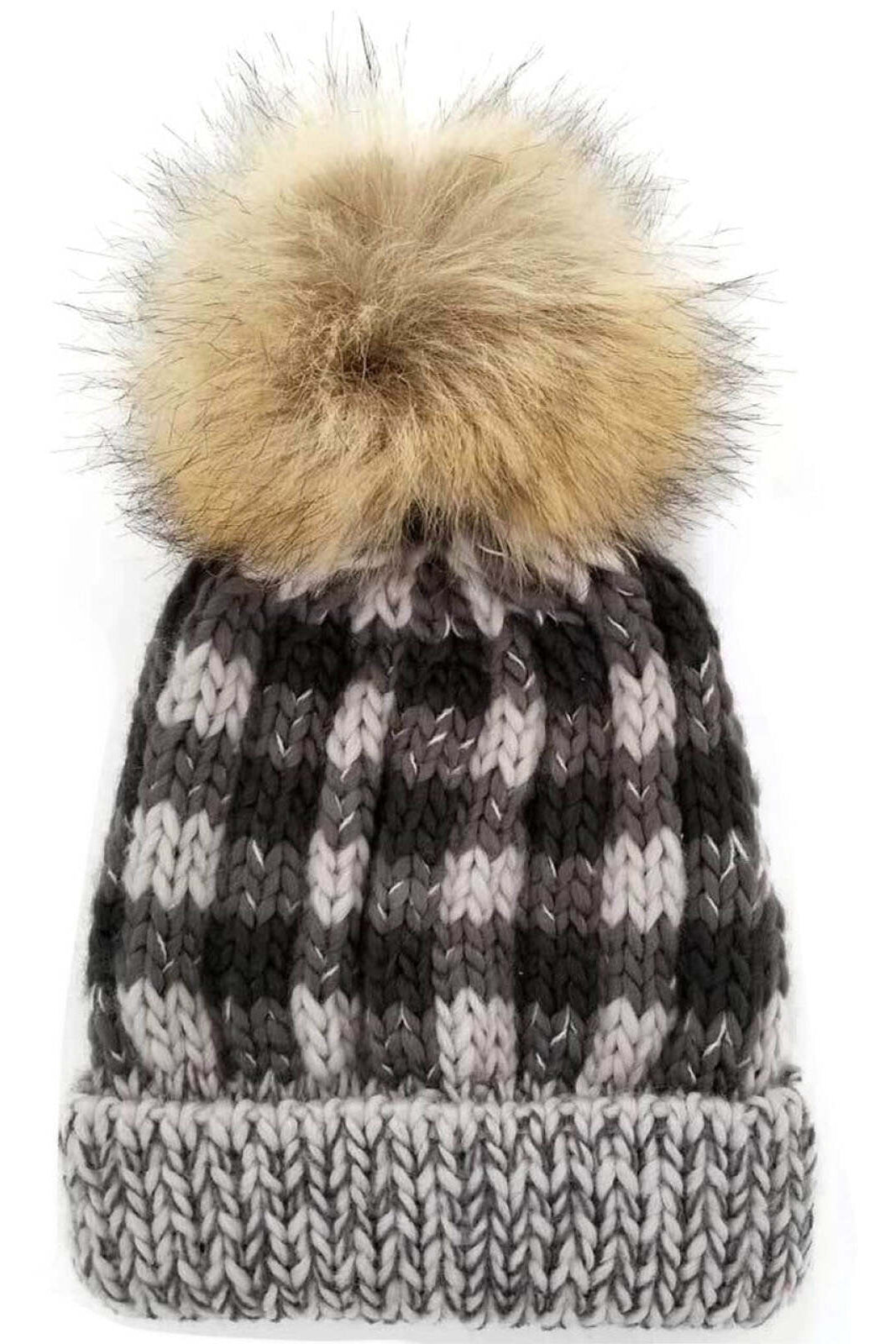 Knitted beanie hat with a fluffy pom-pom on top in gray and black colors.