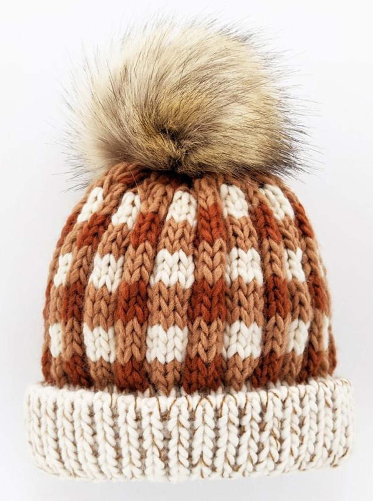 Knitted brown and cream beanie hat with a fluffy pom-pom on top. Ideal for winter wear.