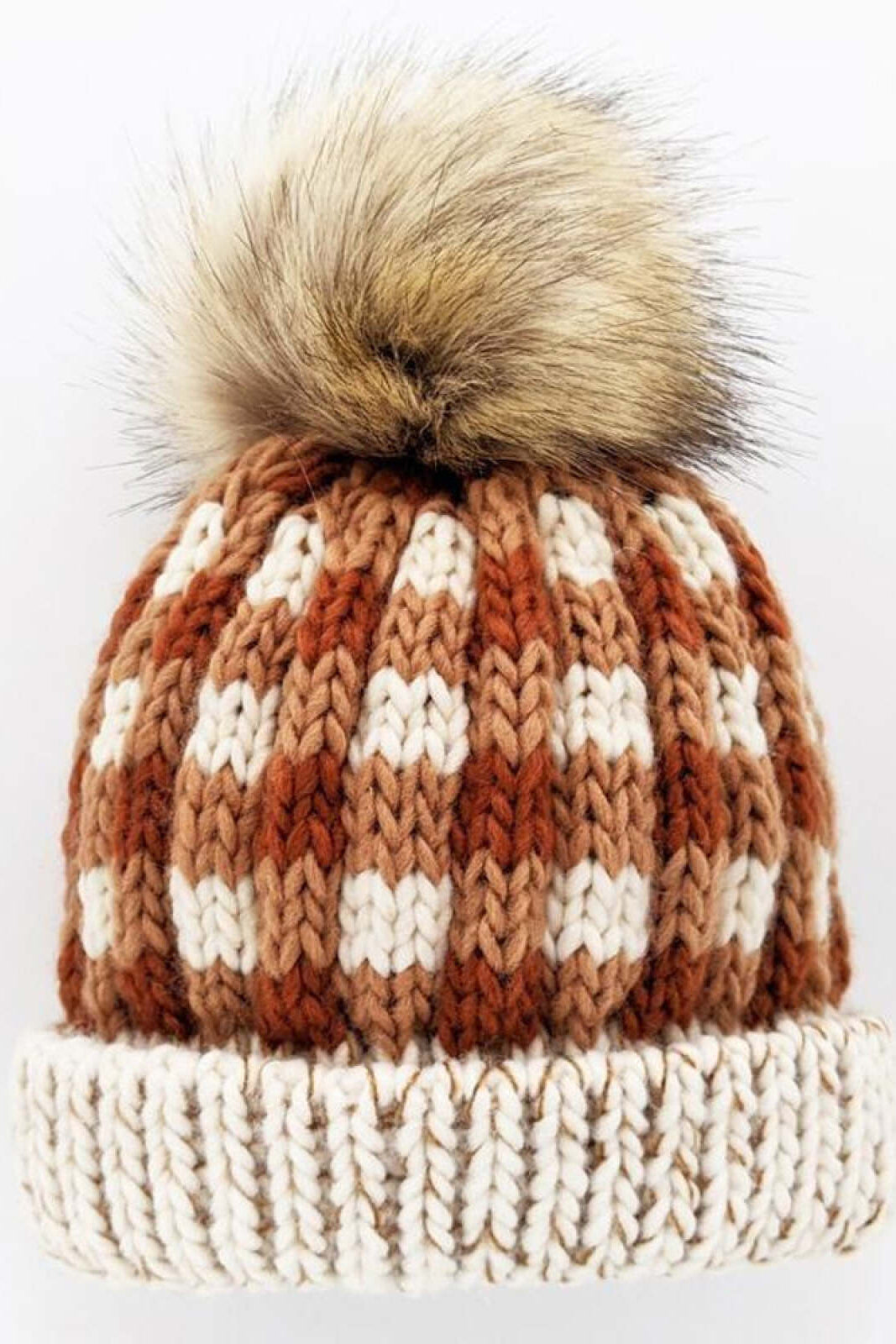 Knitted brown and cream beanie hat with a fluffy pom-pom on top. Ideal for winter wear.
