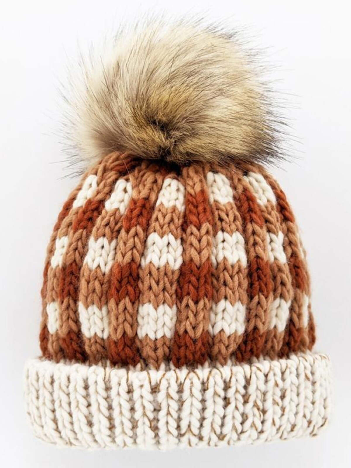 Knitted brown and cream beanie hat with a fluffy pom-pom on top. Ideal for winter wear.