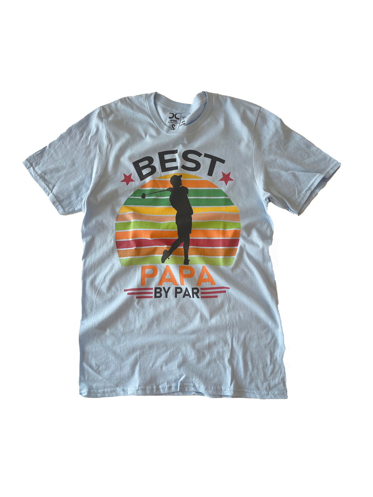 Light blue t-shirt with "Best Papa By Par" design and golfer silhouette in colorful striped background.