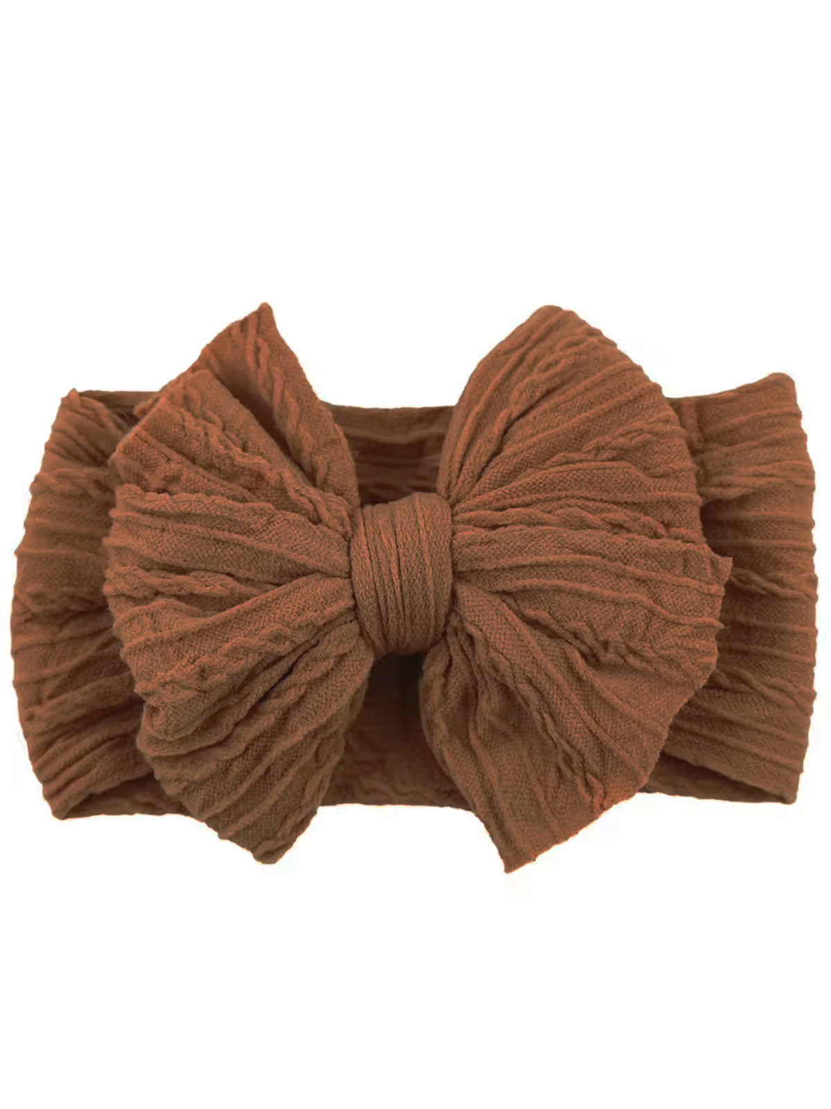 Brown fabric headband with a large textured bow at the center.