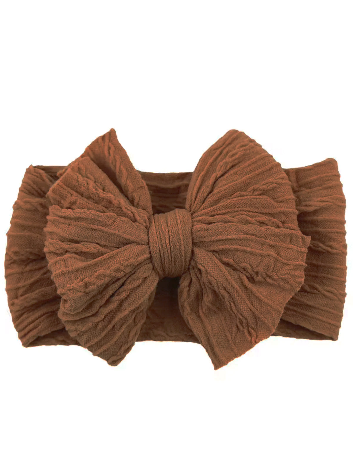 Brown fabric headband with a large textured bow at the center.