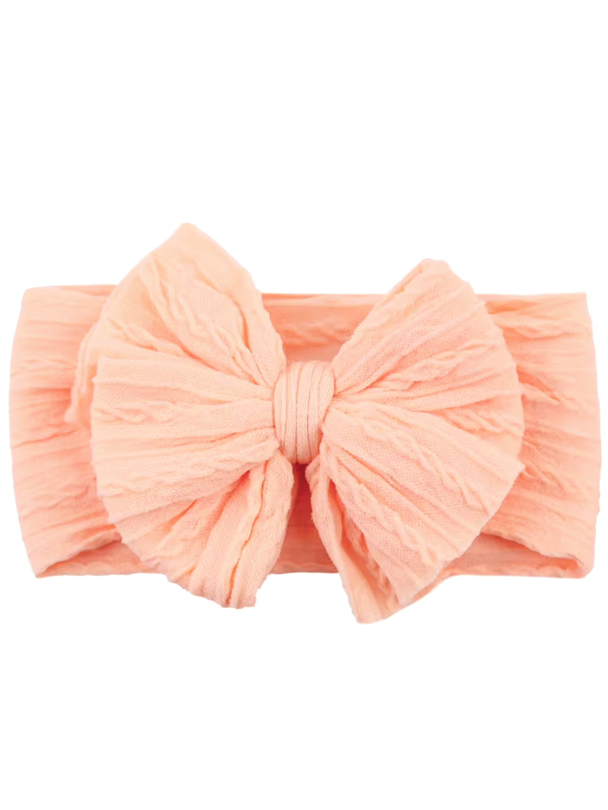 Peach textured headband featuring a large, decorative bow at the front. Ideal for accessorizing.