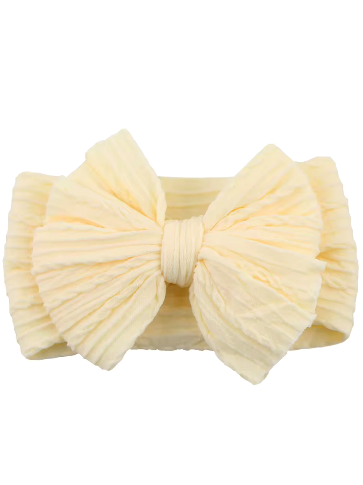 Light yellow hairband with a textured, oversized bow design. Ideal for trendy hairstyles.
