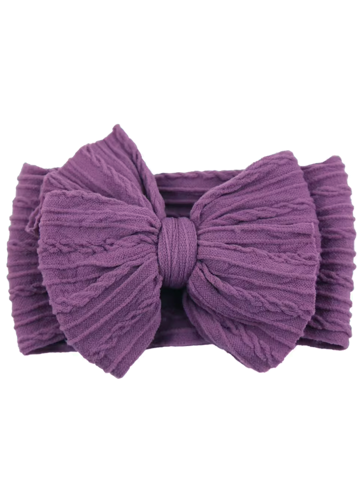Purple textured headband with a large bow at the front, suitable for children and adults.
