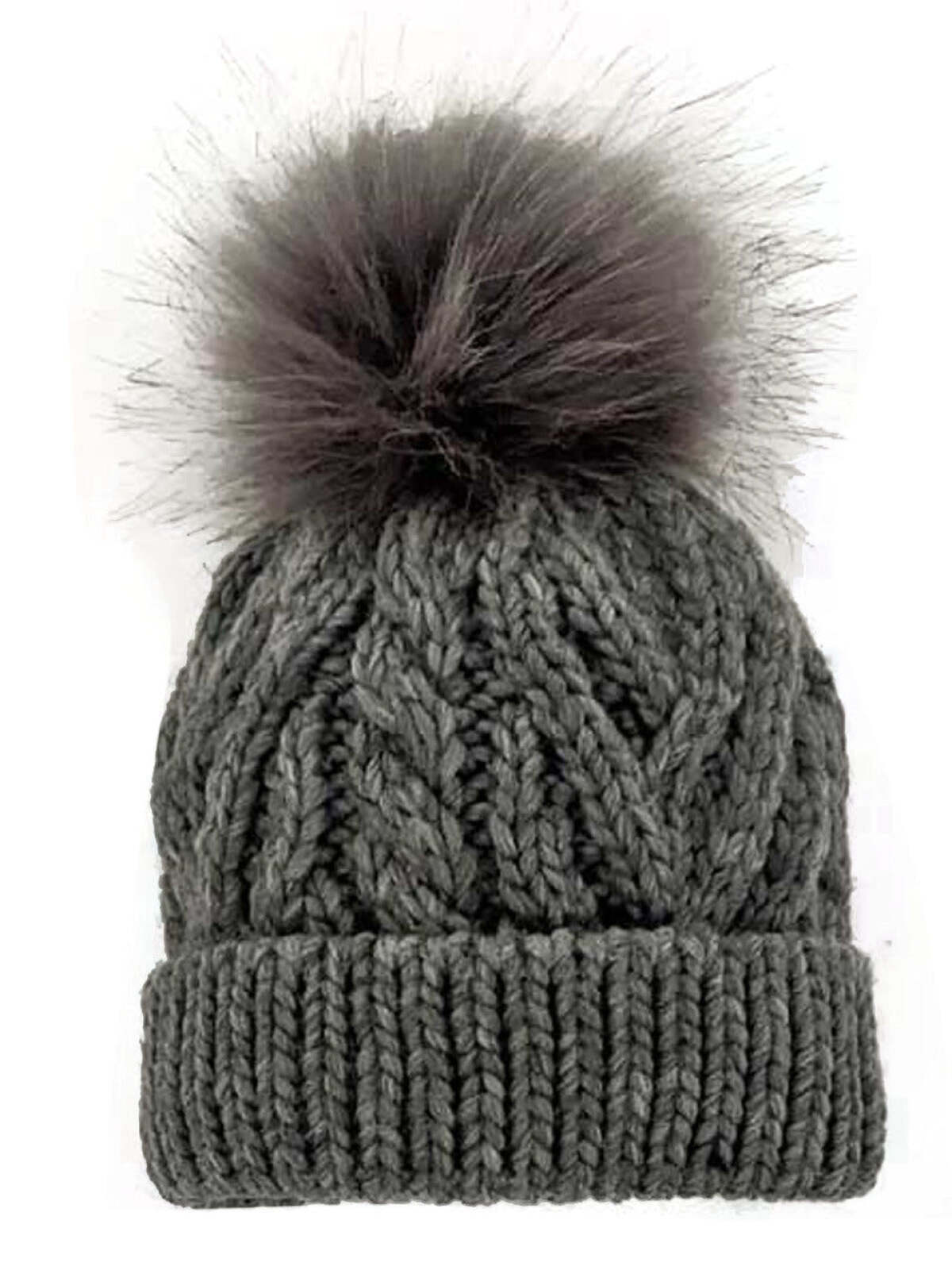 Gray knit beanie with a fluffy pom-pom on top and textured cable design on the body.