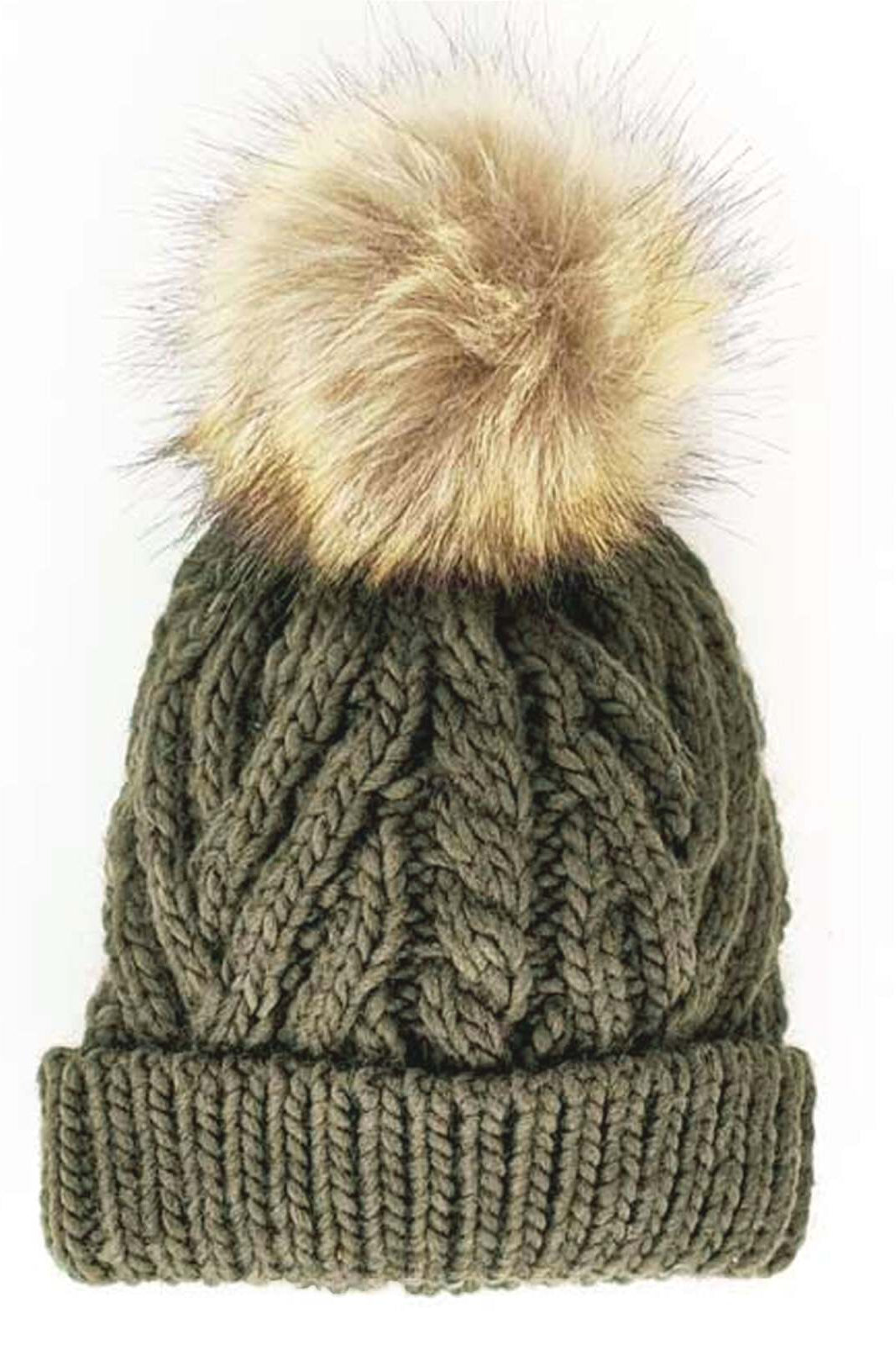 Olive green knitted beanie with a fluffy beige pom-pom on top.