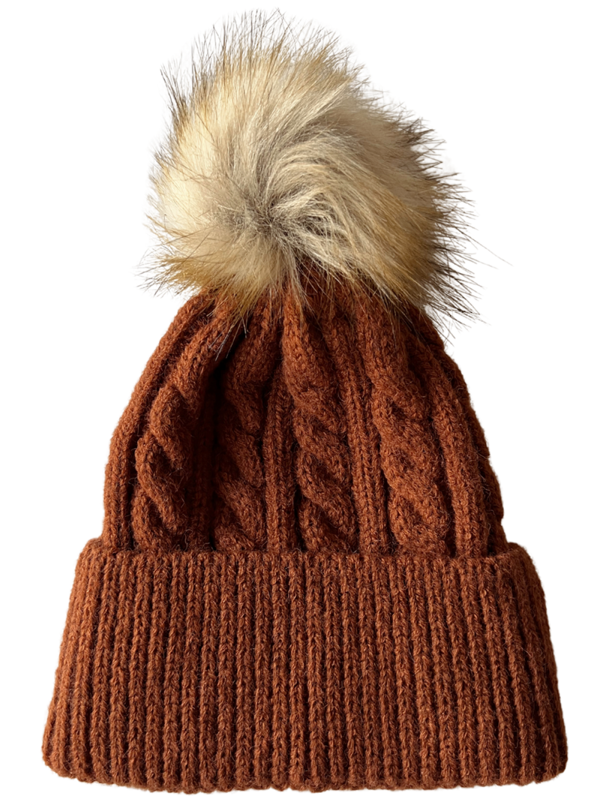 Brown knit beanie with cable pattern and fur pom-pom on top, ideal for winter attire.
