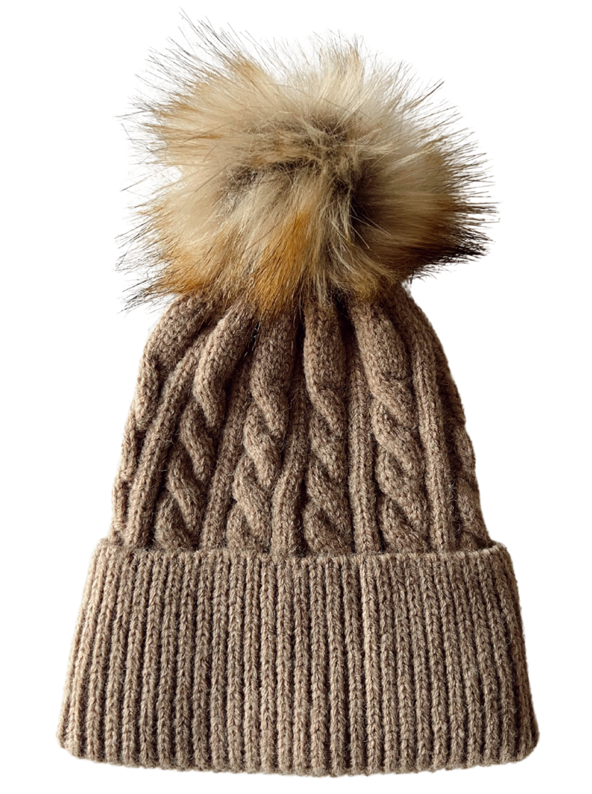 Knitted brown beanie hat with a fluffy pom-pom on top, perfect for winter wear.