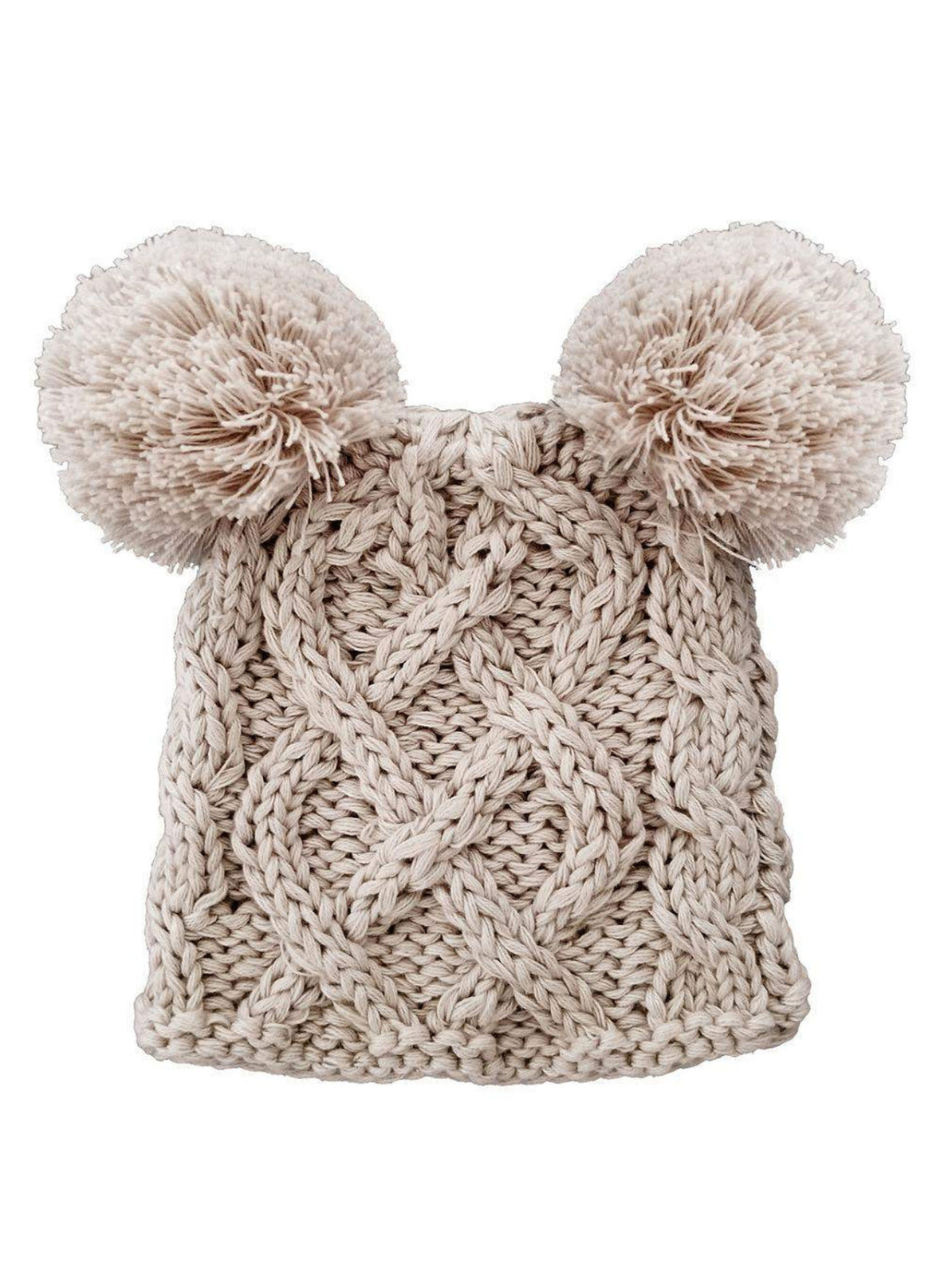 Knit beige winter hat with two fluffy pom-poms on top, featuring a textured cable pattern.