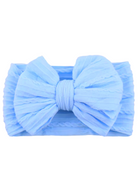 Light blue fabric hairband with a large bow and textured design. Ideal for stylish hair accessories.
