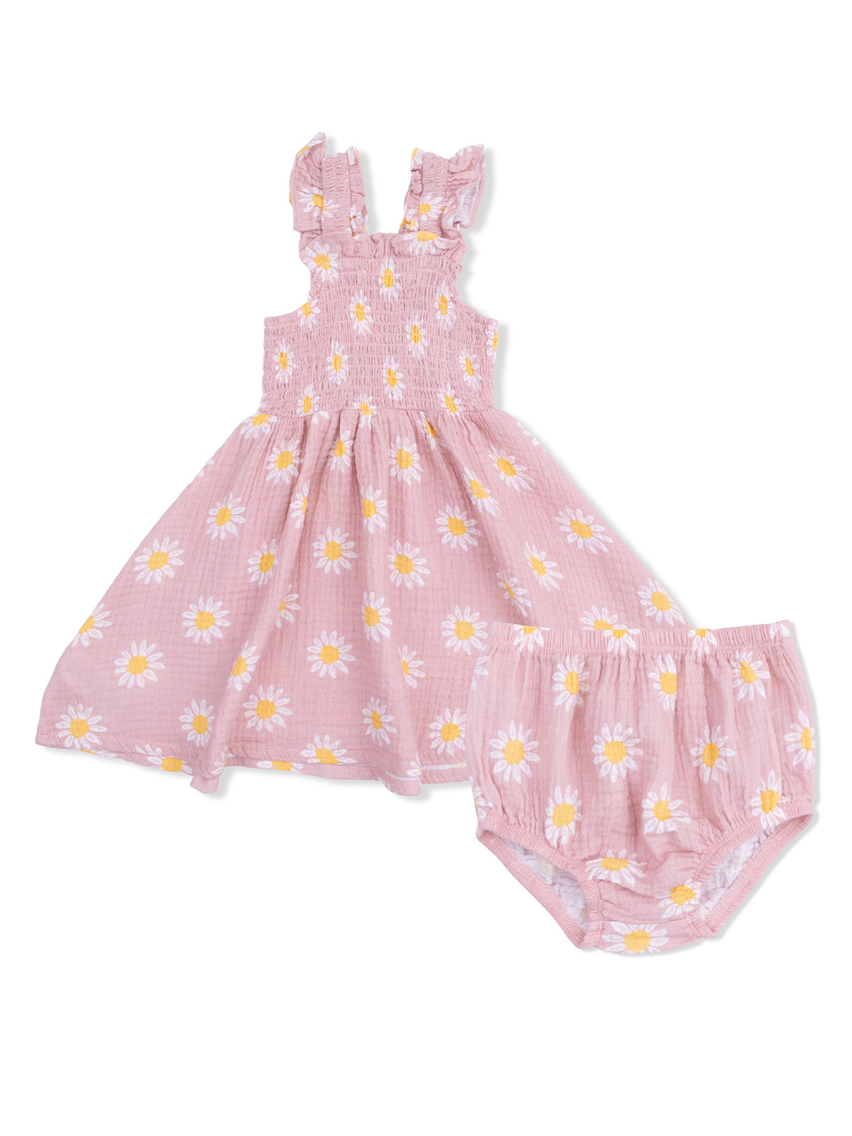 Pink children's dress with daisy print and matching bloomer shorts, featuring ruffled straps and a flared skirt.