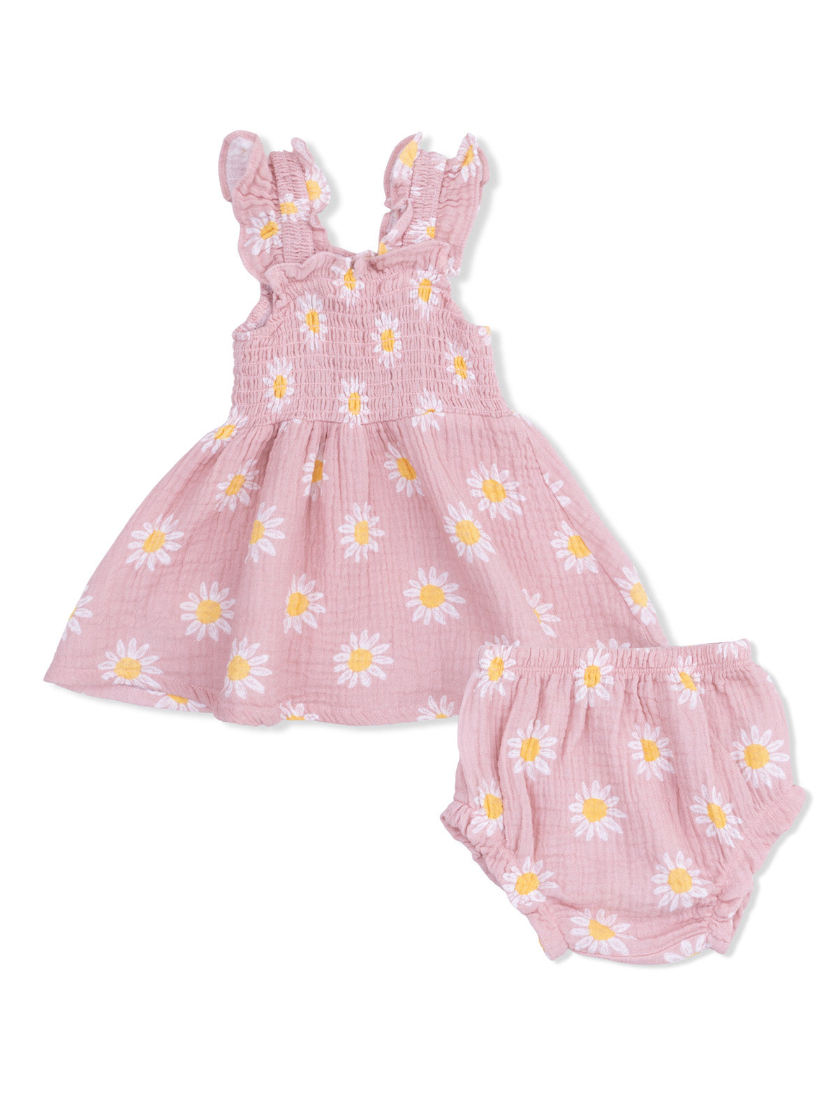 Pink toddler dress with floral pattern and matching shorts, featuring ruffled straps and a smocked bodice.