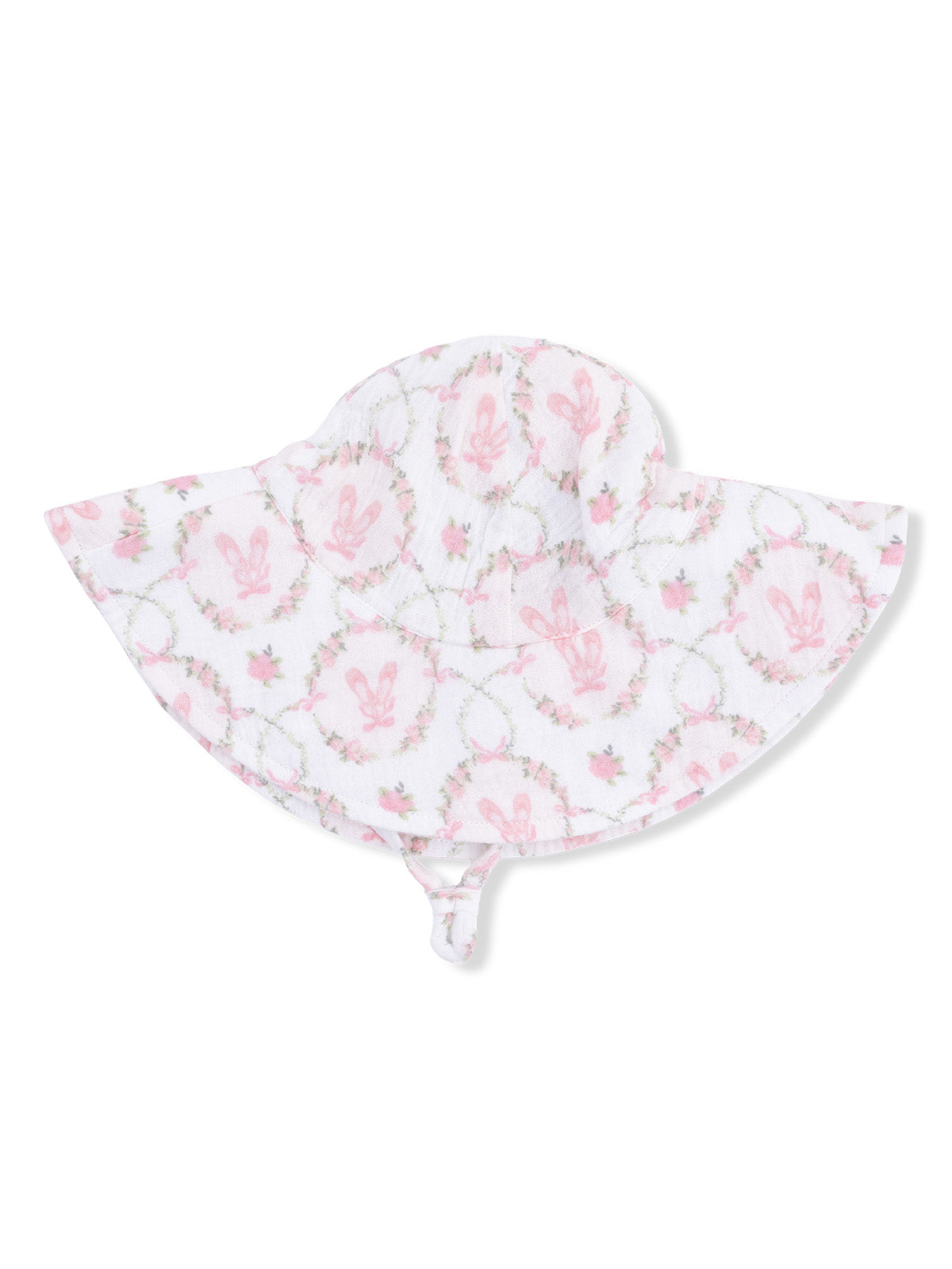 White sun hat with pink bunny and floral pattern, featuring a wide brim and chin strap.