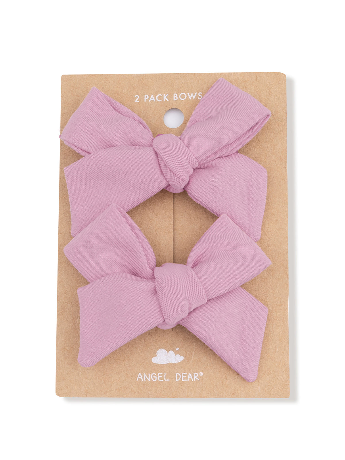 Two soft pink hair bows packaged on brown cardstock, labeled "2 Pack Bows" by Angel Dear.