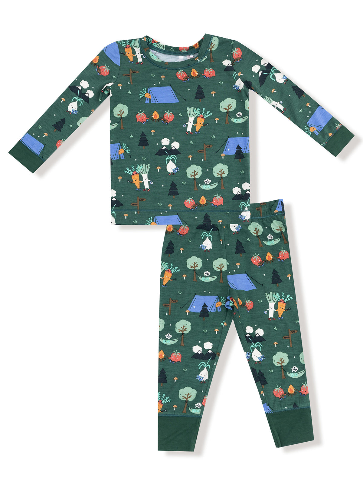 Green kids' pajama set featuring playful camping and vegetable patterns, including tents, trees, and cute characters.