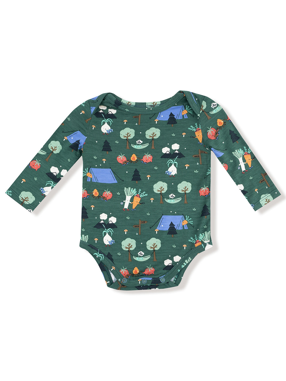 Green long-sleeve onesie featuring a camping theme with trees, tents, and colorful vegetables.