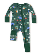Green toddler onesie with camping theme, featuring trees, tents, and playful animal designs. Ideal for cozy wear.