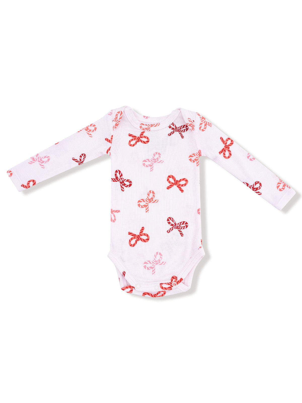 White long-sleeve onesie with red and pink bow patterns. Suitable for infants and toddlers.