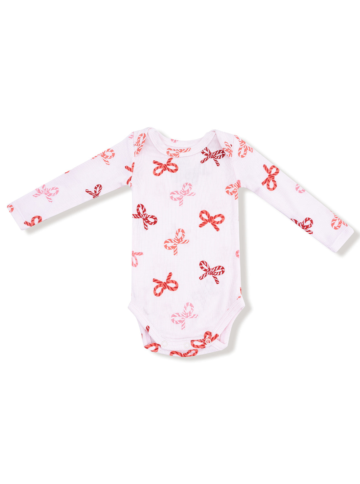 White long-sleeve onesie with red and pink bow patterns. Suitable for infants and toddlers.
