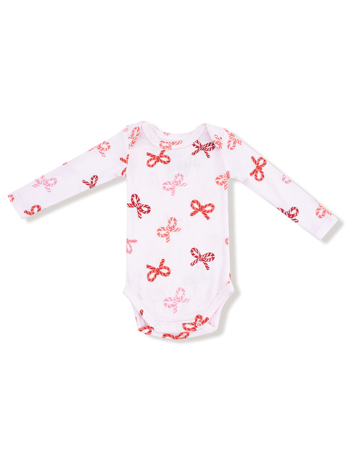 White long-sleeve onesie with red and pink bow patterns. Suitable for infants and toddlers.
